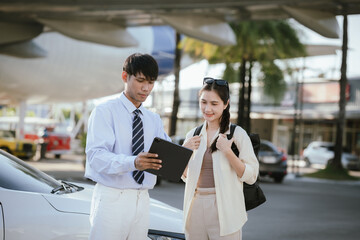 A male sales representative assists with inspection and handover of a rental car to a customer, explaining vehicle features and completing the delivery process at a parking area.