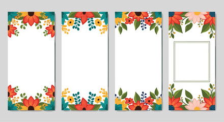 Set of four vertical blank frames with vibrant floral borders featuring colorful flowers and green leaves ideal for invitations or stories.