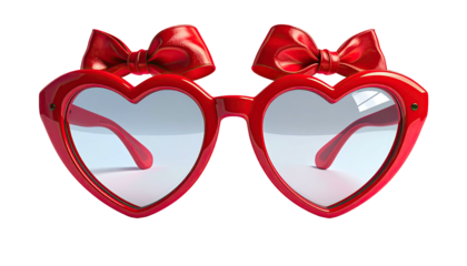 Close-up of stylish, heart-shaped sunglasses with attached red bows, isolated against black