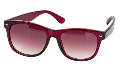 Close-up of stylish, red-framed sunglasses with gradient lenses