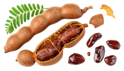 Close-up of tamarind fruit, partially opened to reveal the pulpy interior, with seeds and leaf