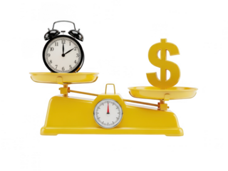 Balancing time and money on a yellow scale isolated on transparent background