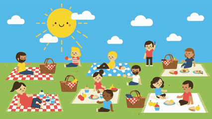 Obraz premium People enjoying a picnic in a park on a sunny day with clear blue skies and white clouds