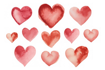 Nine watercolor textured hearts in shades of red and pink symbolizing romance and love 
