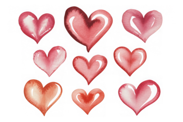 Nine watercolor textured hearts in shades of red and pink symbolizing romance and love 
