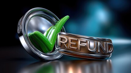 Green check mark symbolizing approval next to a metallic refund text, representing financial services and tax returns, conveying trust and satisfaction in finance