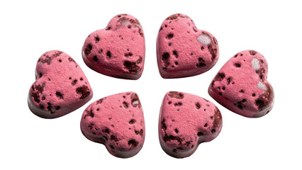 Six pink quartz or jasper heart shaped gemstones isolated on transparent background