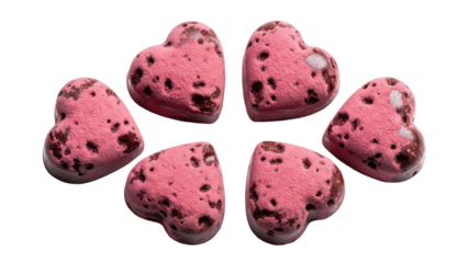 Six pink quartz or jasper heart shaped gemstones isolated on transparent background