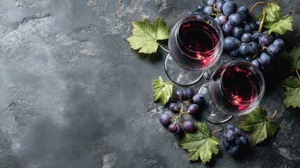 Obraz premium Two clear glasses filled with dark red wine are placed on a stone table. Nearby fresh grapes and leaves add to the natural setting during the day.
