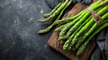 Bundles of green asparagus lie on a wooden cutting board. The vegetables are tied with a string and sit on a dark stone surface. Natural light highlights the fresh produce.