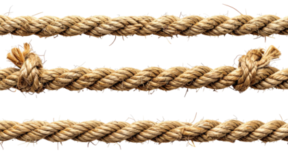 Close-up of three strands of coarse, twisted fiber rope against a stark black background