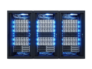 Advanced server rack with blue illuminated units in data center isolated on transparent background