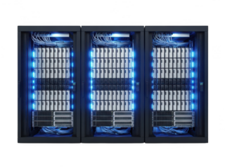 Advanced server rack with blue illuminated units in data center isolated on transparent background