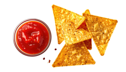 Close-up of tortilla chips beside a small glass bowl filled with vibrant red salsa