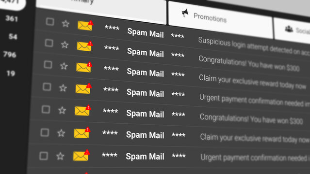 Spam Mail List, Phishing Messages and Security Alert, Alert Notification, Cyber Attack, Fraud and Warnings concept. List of Spam Emails Scrolling Closeup. 2D Illustration