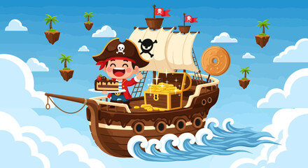 Obraz premium Cartoon Pirate Sailing Ship on Ocean Waves.