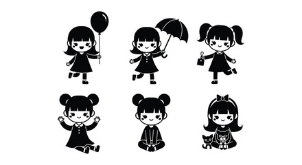 Fototapeta premium A collection of adorable black silhouette illustrations depicting cute girls with various hairstyles