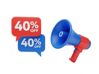 Promotional megaphone advertising 40% off discounts isolated on transparent background