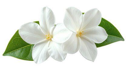 Fototapeta premium Close-up of two elegant white blossoms with yellow centers, framed by vibrant green leaves, on black