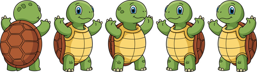Fototapeta premium Cute cartoon turtle character sprite sheet flat vector illustration with multiple poses, views and friendly animal design