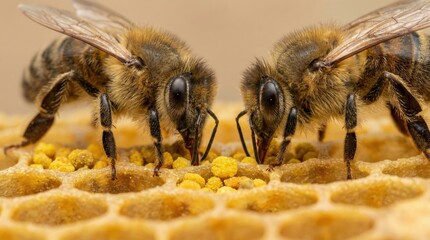 Honey bees diligently gathering golden pollen granules within the hexagonal cells of a honeycomb, working together to provision their hive for growth and sustenance