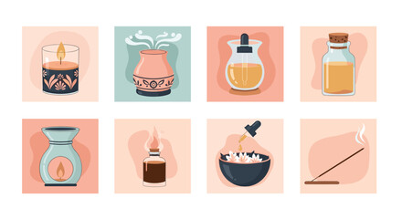 Collection of eight square illustrations showcasing various aromatherapy items including candles diffusers essential oils and incense sticks.