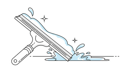 Squeegee cleaning a surface with vibrant water splashes and sparkling highlights is depicted on a white background symbolizing efficient and thorough cleaning processes.