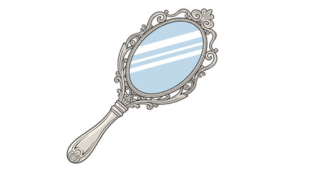 Beautifully ornate vintage hand mirror with an intricate silver frame and reflective surface is elegantly presented on a clean white background evoking classic beauty and grooming.