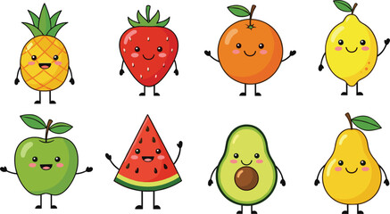 Cute smiling fruit characters set with pineapple strawberry orange lemon apple avocado cartoon vector