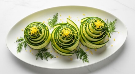 Elegant Cucumber Rolls Garnished with Lemon Zest on White Plate.