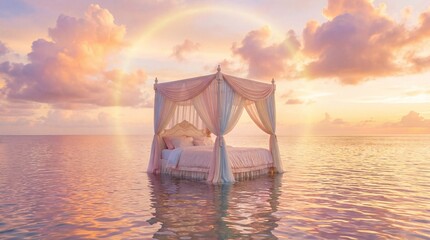 Surreal scene of a romantic four-poster bed with curtains floating in the calm ocean water during a colorful sunset with a faint rainbow.