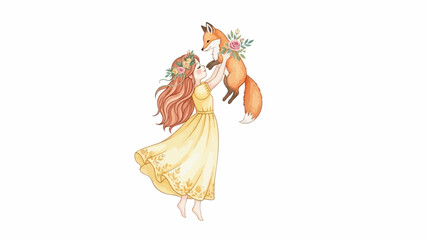 Best Friends Watercolor Illustration of Girl and Fox in Whimsical Fairytale Style