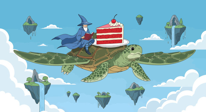 Whimsical wizard character riding a giant flying sea turtle with a cake.