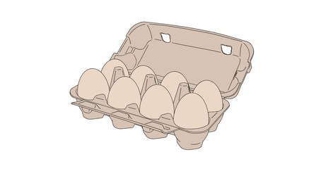 Eco-friendly open cardboard carton of ten fresh brown eggs, a staple ingredient for baking and cooking, on a white background.