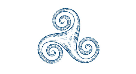 Intricate line art illustration depicts an octopus triskelion formed by three intertwining tentacles creating a unique and symbolic marine life design on a white background.