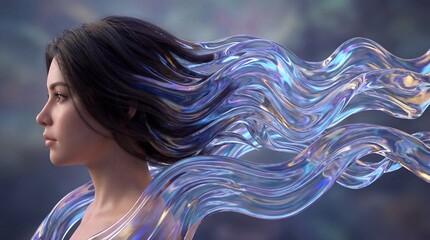 Side profile portrait of a woman with hair transforming into flowing iridescent liquid glass waves, surreal digital art concept.