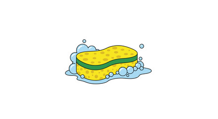 Cheerful yellow cleaning sponge with green trim bubbling with soap suds and water, symbolizing cleanliness and hygiene.