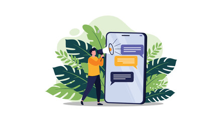 Man with a megaphone stands next to a giant smartphone displaying chat bubbles symbolizing mobile marketing digital advertising and effective online communication strategies.