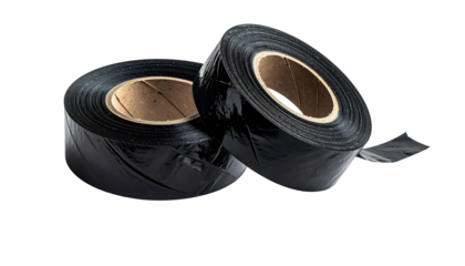 Close-up of two shiny black rolls of electrical tape with paper cores, set against black