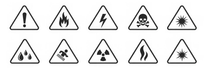 Hazard and warning signs with various danger symbols including toxic, flammable, electrical, biohazard, explosion, slipping and chemical risks shown inside triangular caution shapes – stock