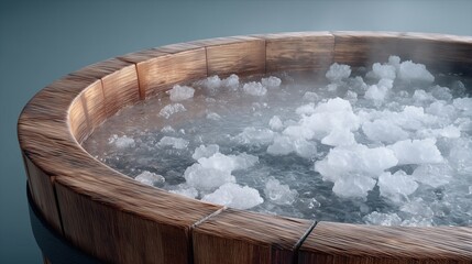 Wooden tub with icy mineral-infused water (healing ritual)