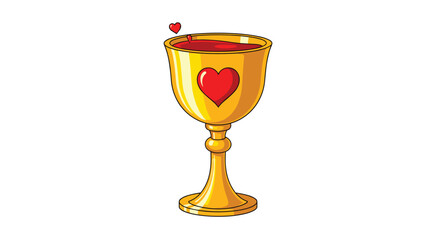 Ornate golden chalice overflowing with vibrant red liquid and tiny hearts symbolizing love passion and romance.