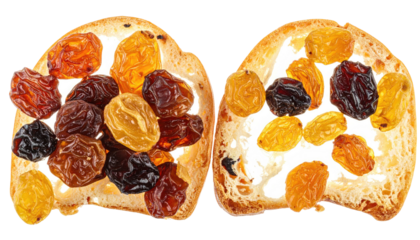 Close-up of two toasted bread halves topped with colorful raisins on white spread