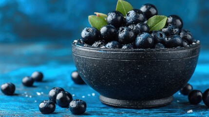 Bowl filled with fresh blueberries sits on a blue wooden table. Several blueberries are scattered around the bowl. Green leaves add a touch of color to the berries.