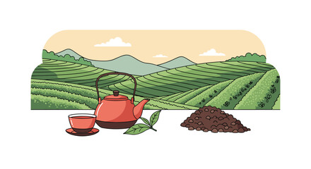 Serene landscape of lush tea fields with rolling hills and mountains in the background features a teapot teacup and loose tea leaves emphasizing tea culture and harvest.