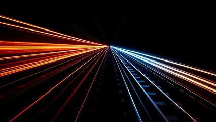 Fototapeta premium Vibrant streaks of red and blue light rush through the darkness, creating a high-speed sense of futuristic digital motion.