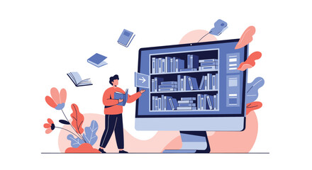 Man interacts with a large computer screen displaying an online library and flying books symbolizing digital education e-learning and convenient access to knowledge resources.