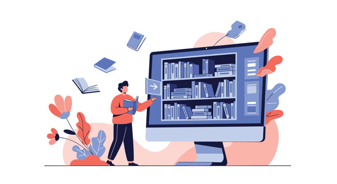 Man interacts with a large computer screen displaying an online library and flying books symbolizing digital education e-learning and convenient access to knowledge resources.