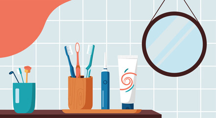 Organized bathroom countertop scene with various toothbrushes toothpaste and an electric toothbrush against a tiled wall and mirror.