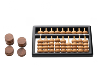 Traditional wooden abacus with beads and discs isolated on transparent background